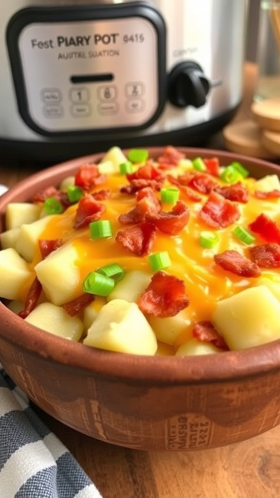 Cheesy bacon potatoes in a bowl, topped with melted cheese and bacon, garnished with green onions.